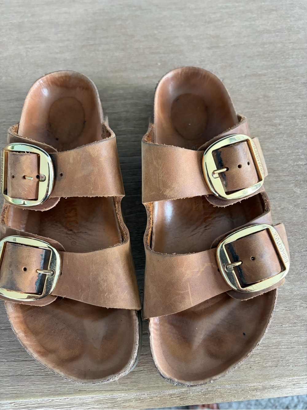 Birkenstock Brown Leather Double-Buckle Sandals with Gold Buckles